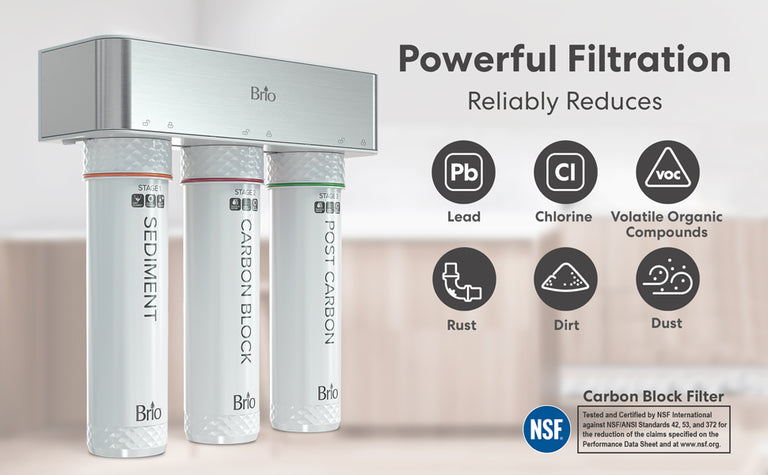 Three-stage Brio water filtration system mounted on a wall, with labeled filters for sediment, carbon block, and post-carbon, highlighting reduction of lead, chlorine, VOCs, rust, dirt, and dust. NSF certification shown.